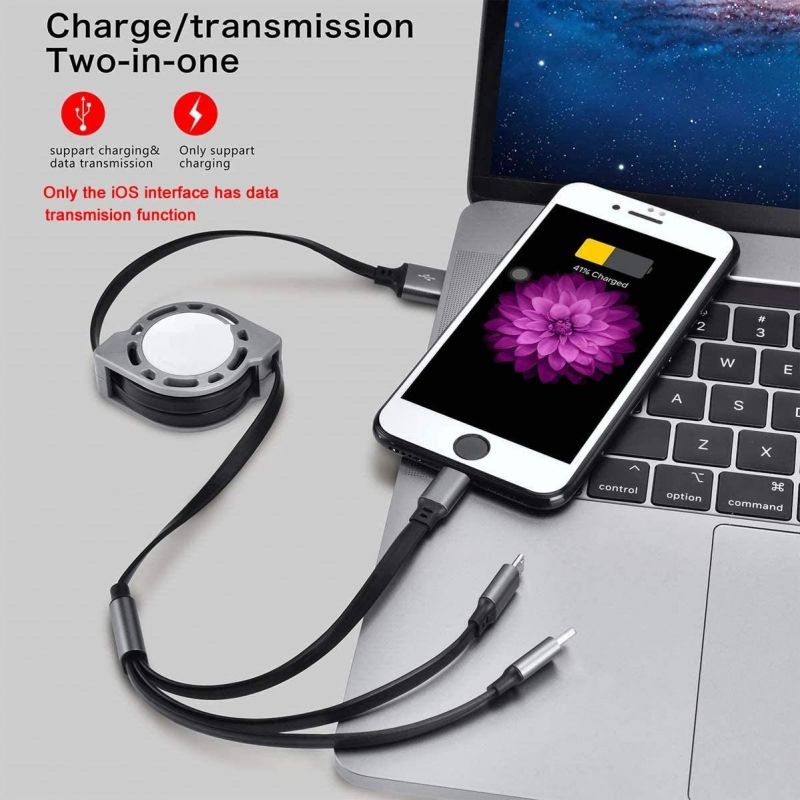 3 in 1 Retractable 3.0A Fast Charging Cable with iPhone, Type C & Micro USB Port for All Android and iOS Smartphones (Black)