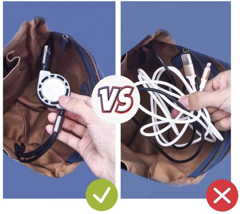 3 in 1 Retractable 3.0A Fast Charging Cable with iPhone, Type C & Micro USB Port for All Android and iOS Smartphones (Black)