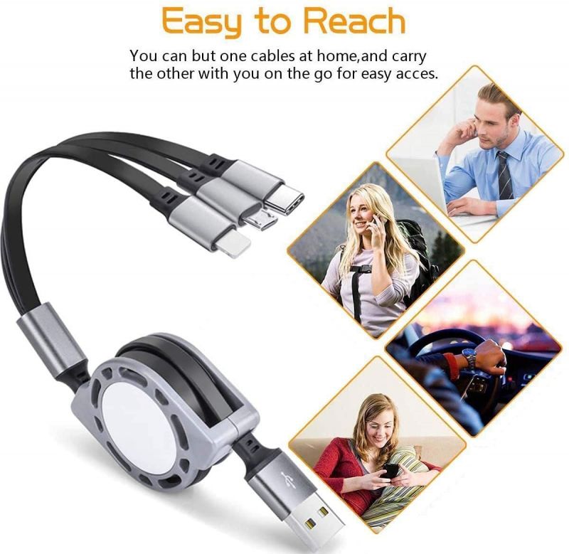 3 in 1 Retractable 3.0A Fast Charging Cable with iPhone, Type C & Micro USB Port for All Android and iOS Smartphones (Black)