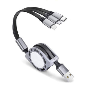 3 in 1 Retractable 3.0A Fast Charging Cable with iPhone, Type C & Micro USB Port for All Android and iOS Smartphones (Black)