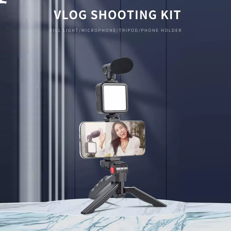 Camera Video Recording Vlogging Kit for Video Making, Mic, Mini Tripod Stand, LED Light & Phone Holder Clip for Making Videos Podcasting
